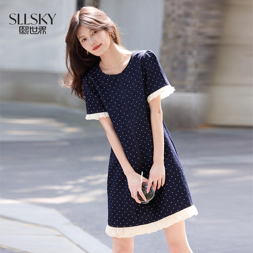 【专属特价】熙世界休闲风荷叶花边拼接短袖圆领复古波点连衣裙女2025夏日新款 商品图0