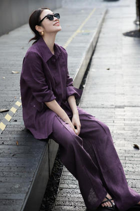 老钱风富贵拉满葡萄紫比利时100%亚麻阔腿裤