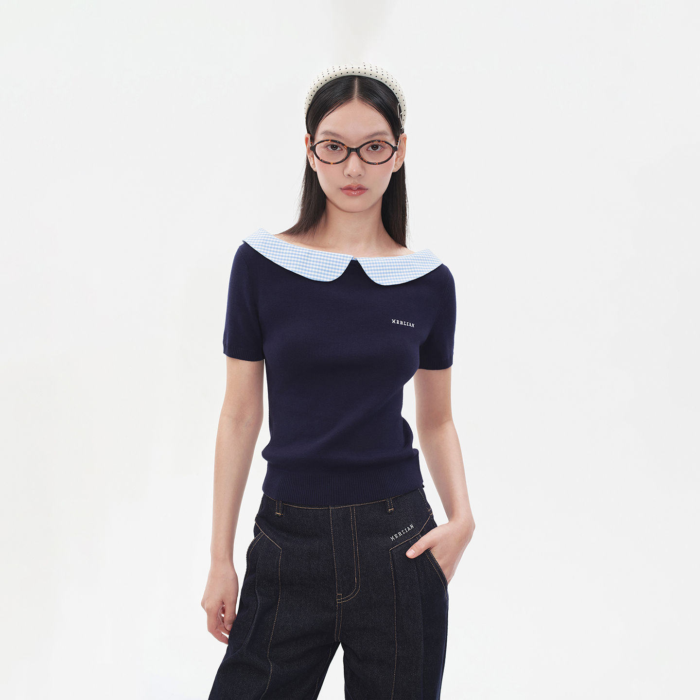 Herlian2025年秋季新品女士格纹拼接一字领针织短袖