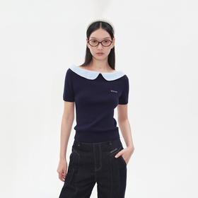 Herlian2025年秋季新品女士格纹拼接一字领针织短袖