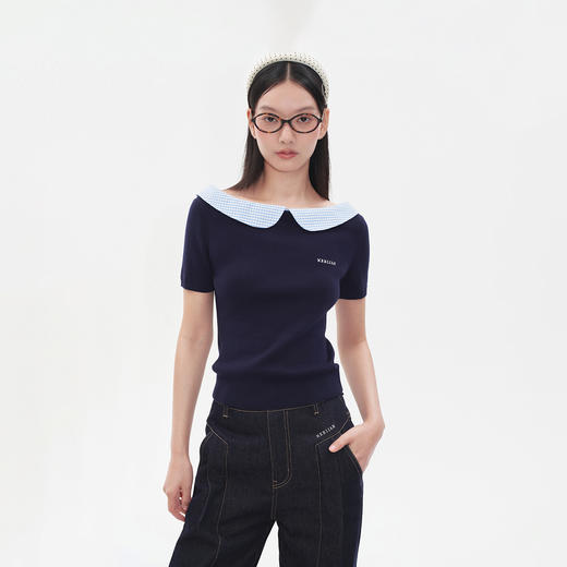 Herlian2025年秋季新品女士格纹拼接一字领针织短袖 商品图0