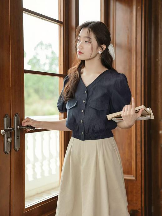 【时装系列】ME TOWN'S 挺括短款65%棉质感牛仔短袖上衣M1-2-喜出 商品图1