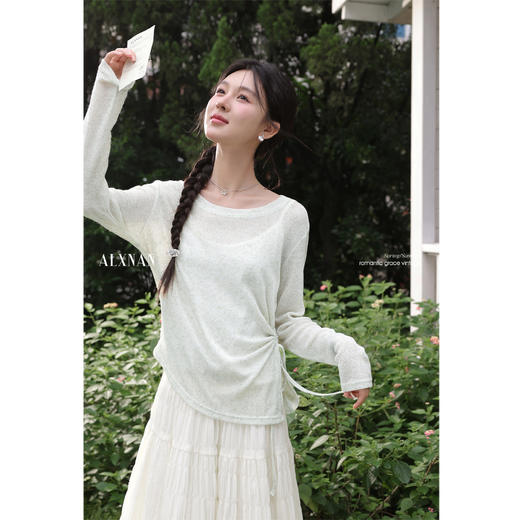鹿向南「鸽羽拿铁」浅绿色长袖T恤女夏季防晒罩衫设计感抽绳上衣 商品图0