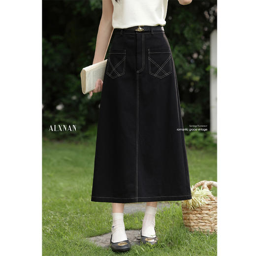 鹿向南「月下花眠」黑色高腰半身裙夏季新款时尚显瘦A字裙长裙女L56626 商品图3