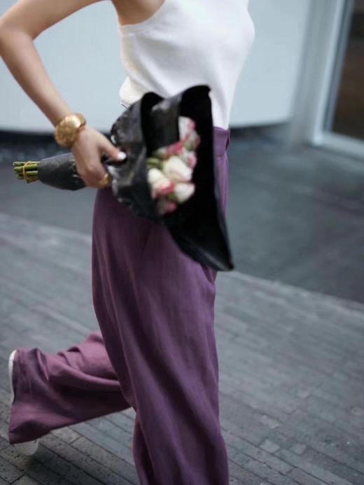 老钱风富贵拉满葡萄紫比利时100%亚麻阔腿裤 商品图8