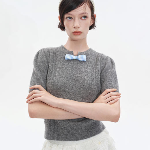 Herlian2025年秋季新品女士可拆卸蝴蝶结装饰针织短袖 商品图3