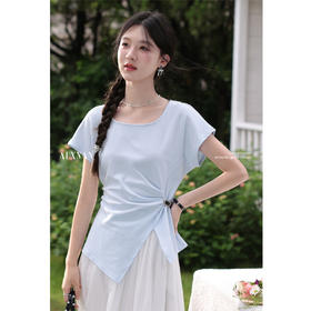 鹿向南「海蓝裁夏」蓝色正肩U领T恤女夏设计感不规则短袖上衣显瘦L56601