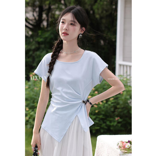 鹿向南「海蓝裁夏」蓝色正肩U领T恤女夏设计感不规则短袖上衣显瘦L56601 商品图0