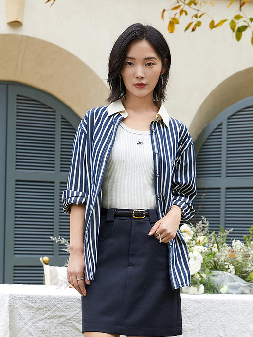 韩系宽松蓝白竖条纹衬衫女 休闲百搭翻领上衣 商品图0