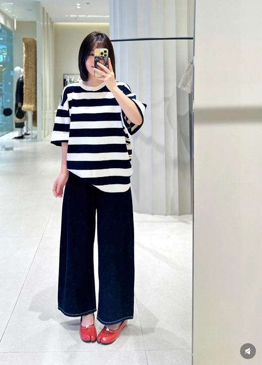 715-3  慵懒不懒散 松弛高级 25早秋 ed拼接条纹 宽松圆领中袖上衣 商品图7