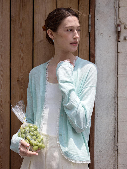 Even Vintage | 棉亚麻混纺 弧形下摆宽松百搭长袖防晒花边开衫 商品图1