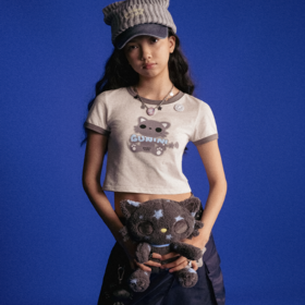 GOODBAI GOODEES 可爱小猫logo撞色正肩短款短袖T恤