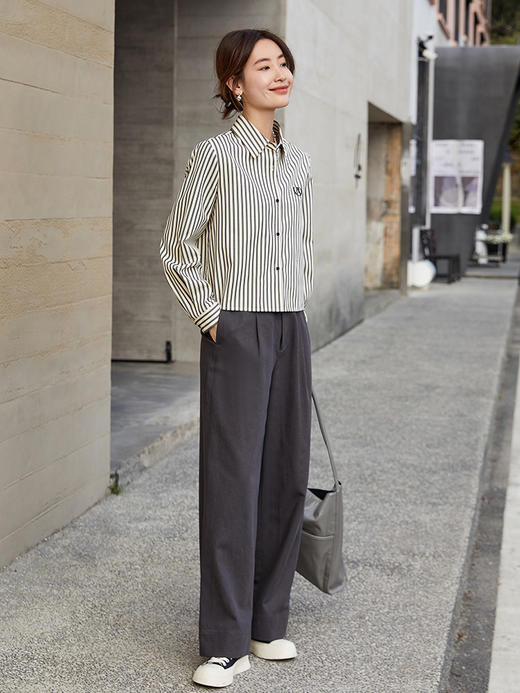 日常通勤必备！条纹短款衬衫 精致刺绣 简约又不失格调 商品图1