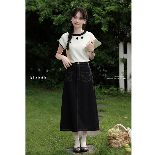 鹿向南「月下花眠」黑色高腰半身裙夏季新款时尚显瘦A字裙长裙女L56626 商品图2