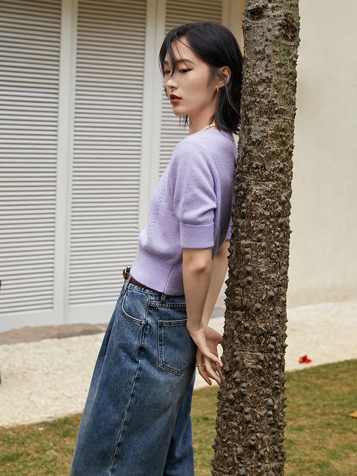 浅紫色短袖毛衣女 圆领短款收腰设计 温柔风针织上衣 商品图1