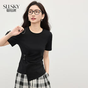 【专属特价】熙世界设计感黑色短袖T恤女收腰显瘦夏季新款不规则修身正肩上衣