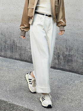 白色高腰阔腿牛仔裤 卷边宽松 2025 新款 慵懒风拖地裤