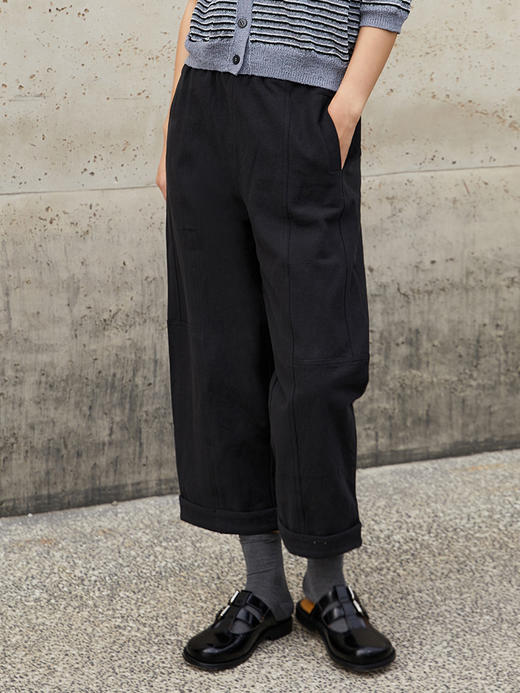 黑色阔腿九分裤女 卷边设计 适配条纹针织衫 慵懒休闲风 商品图0