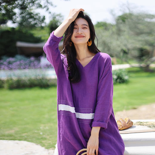 绽放旅行女装413朵/复活款·2020年砂洗亚麻拼接色九分袖连衣裙女 商品图0