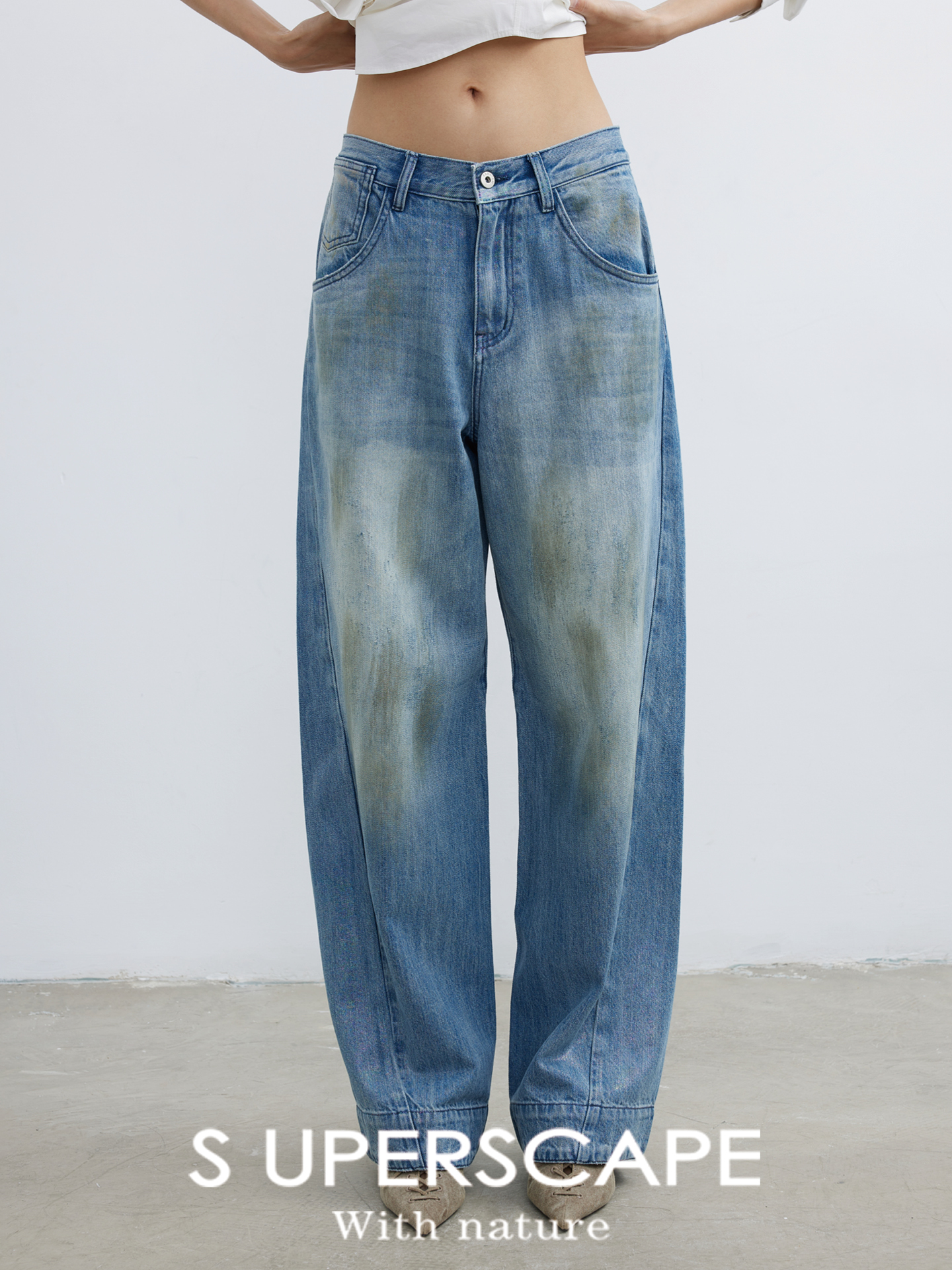 素舶 全棉牛仔面料舒适透气闪粉人鱼姬涂层抹脏宽松弯刀牛仔裤