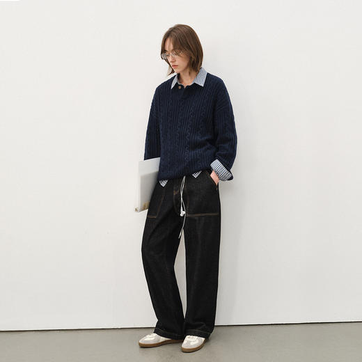 714street亨利领绵羊毛毛衣男 2025秋冬新款情侣绞花针织衫上衣女 商品图3