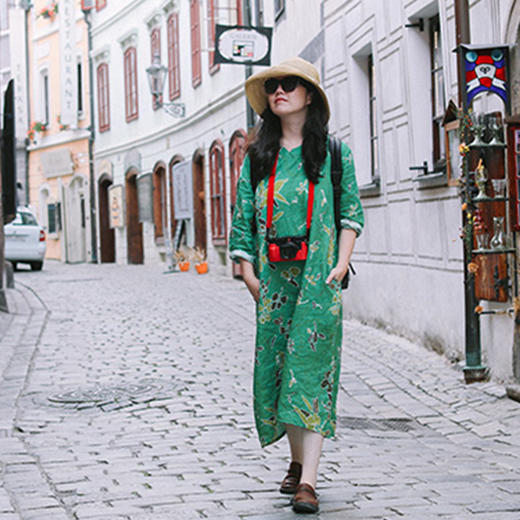 绽放女装538朵/限量复活款·2017年亚麻印花圆领落肩八分袖连衣裙 商品图2