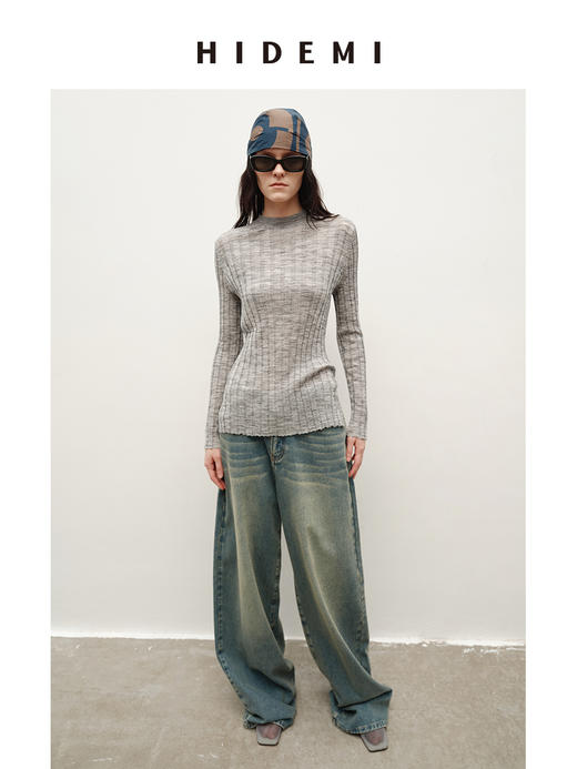 HIDEMI 多重水洗做旧感牛仔蓝泛白丹宁牛仔阔腿裤牛仔裤长裤 商品图9