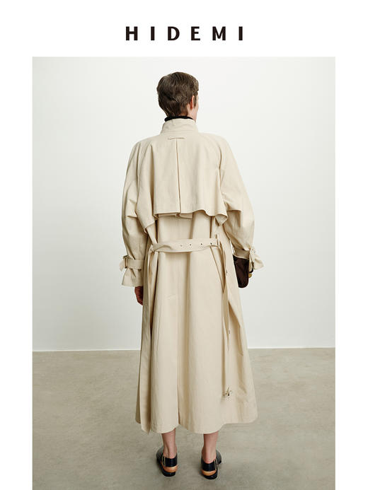 HIDEMI 进口棉立领扣头设计感双排扣廓形宽松经典英伦长款风衣 商品图7