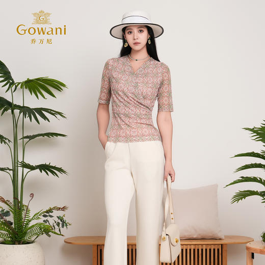 乔万尼新品法式交叠设计粉绿花纹衬衫ED2C470 商品图3