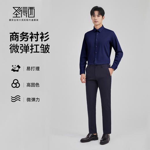 圣得西男士春秋商务正装通勤经典简约纯色微弹舒适抗皱长袖衬衫 商品图3