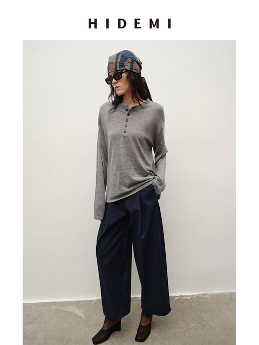 HIDEMI 进口澳洲美利奴羊毛极细高织纱线纽扣式亨利领廓形圆领毛衣 白色/马斯正红/灰色/藏蓝色 商品图4