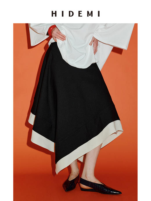 HIDEMI 进口可再生混纺纱线不对称黑白拼接设计感伞状经典时髦半身裙 商品图0
