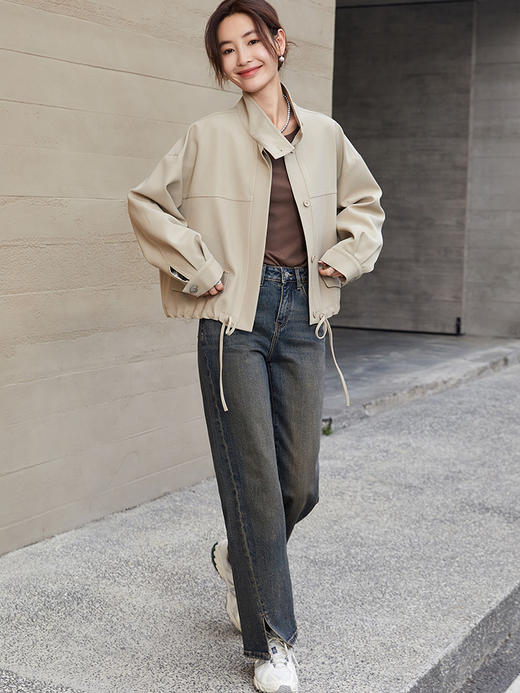 韩系高腰直筒开叉牛仔裤女 复古做旧宽松显瘦拖地阔腿长裤 商品图1