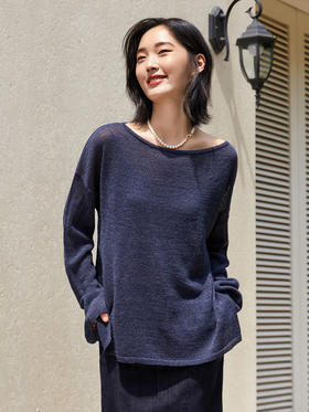 气质慵懒风藏蓝色露肩毛衫女 宽松长袖百搭针织上衣