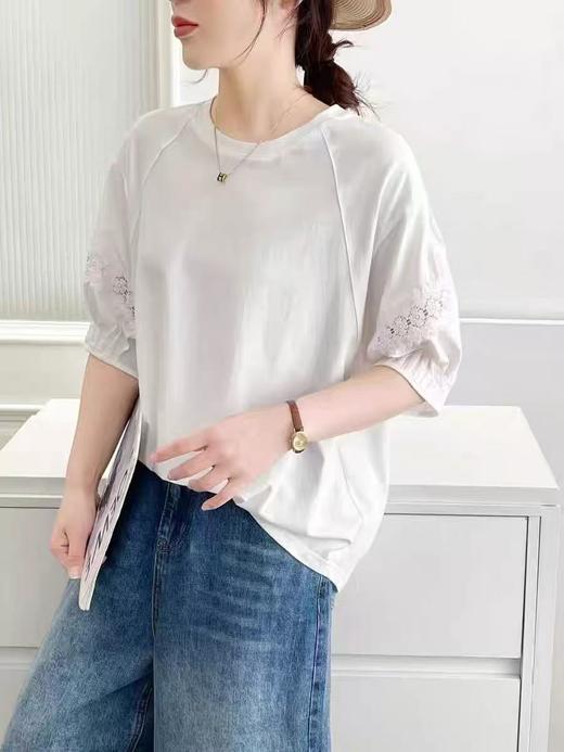 【新品特卖】25121工艺蕾丝镂空宽松短袖T恤-喜出 商品图1