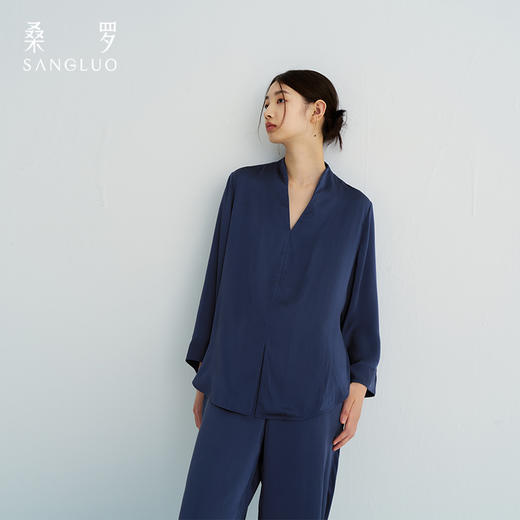 东方雅韵』桑罗长袖真丝睡衣套装100%桑蚕丝女新中式家居服可外穿 商品图4