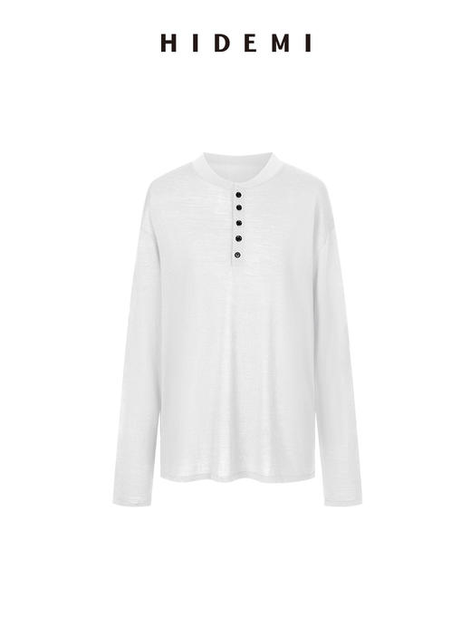 HIDEMI 进口澳洲美利奴羊毛极细高织纱线纽扣式亨利领廓形圆领毛衣 白色/马斯正红/灰色/藏蓝色 商品图7