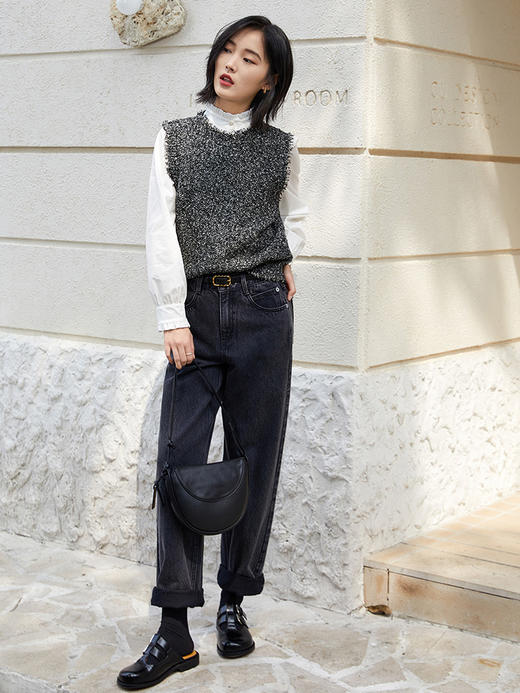 秋季新款高腰直筒牛仔阔腿裤 宽松显瘦卷边休闲长裤 商品图1