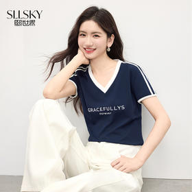 【07/16新品】熙世界美式运动风撞色字母V领T恤女短袖小个子正肩上衣2025夏新款