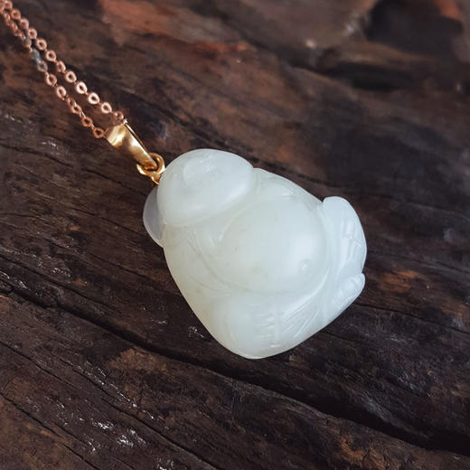 【天然正品】AU750黄金镶天然细腻新疆料一级白佛公和田玉吊坠项链33.7*19.6*10.9MM（皆取最大值）链长:45CM（长度可调节）女性现售价：1680！020725AH44 商品图4