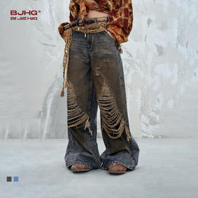 BJHG不计后果做旧破洞牛仔裤女秋季宽松美式复古双层设计感休闲裤