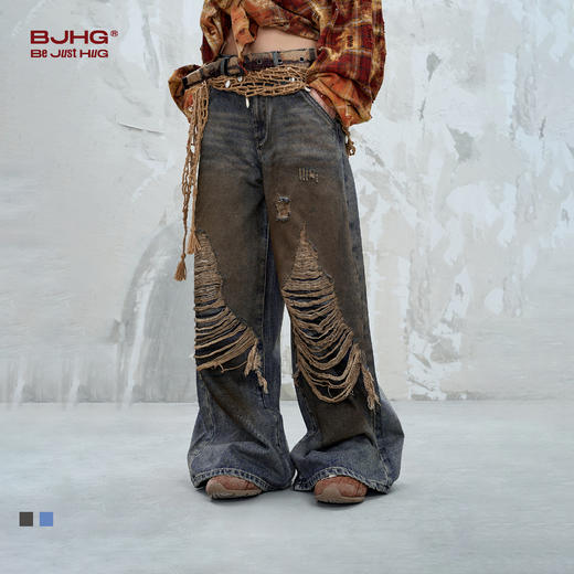 BJHG不计后果做旧破洞牛仔裤女秋季宽松美式复古双层设计感休闲裤 商品图0