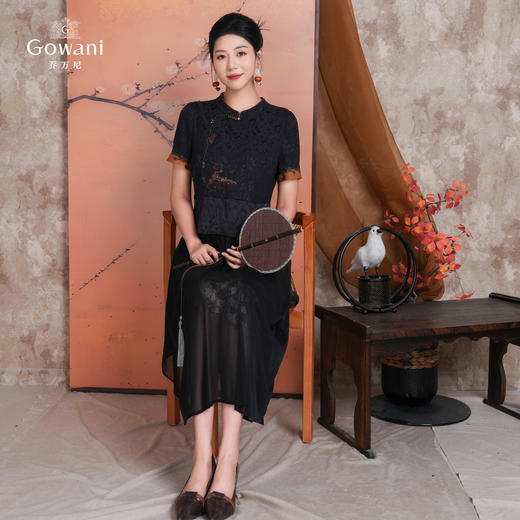 【水墨兰花】新工艺印染绣花假两件黑金配色真丝连衣裙ED2E546 商品图2