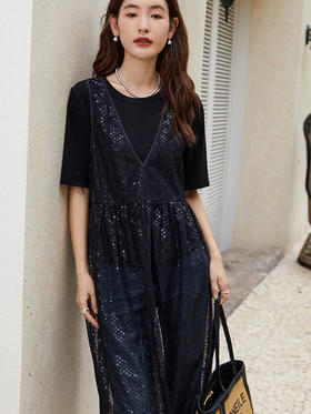 性感 V 领无袖亮片网纱连衣裙 宽松显瘦气质女款中裙