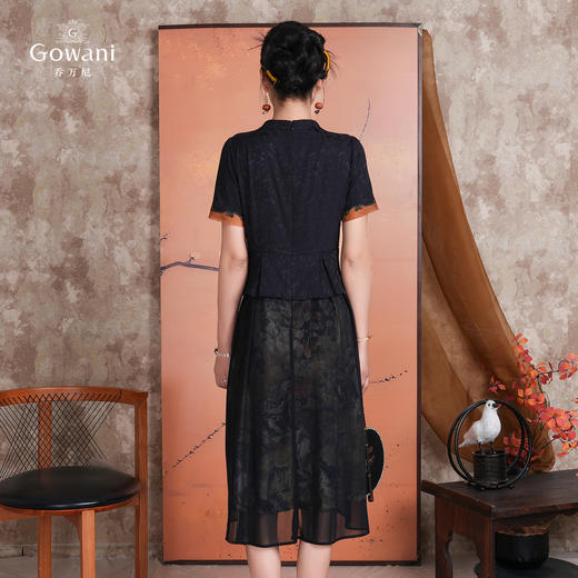 【水墨兰花】新工艺印染绣花假两件黑金配色真丝连衣裙ED2E546 商品图4