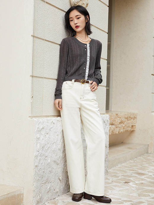 韩系温柔风高腰直筒白色牛仔裤 宽松显瘦拖地长裤 商品图1