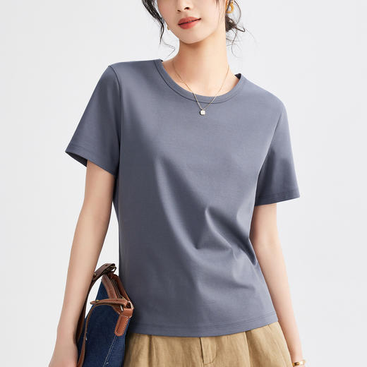 「自j」全新升级【铂金会员109/天猫149/差价40】(95207)洛诗琳夏季丝光棉T恤女2025夏季新款圆领纯色正肩显瘦上衣 商品图2