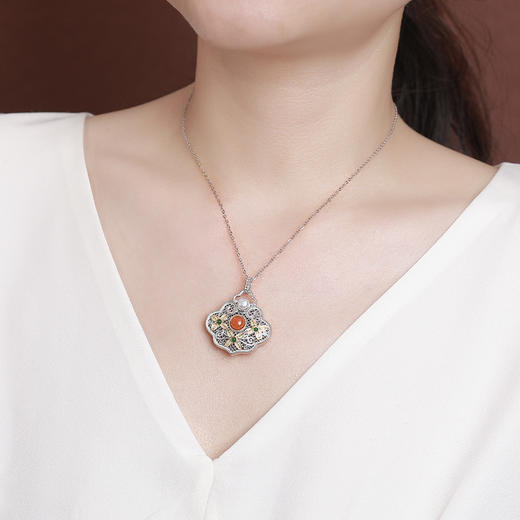 【如意之梦】S925纯银南红水红玛瑙珍珠如意镂空花纹吊坠【CW-DZ06763】 商品图3