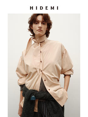 HIDEMI 进口粘胶极简设计感长剪刀领系带廓形宽松感肉桂裸粉色衬衫