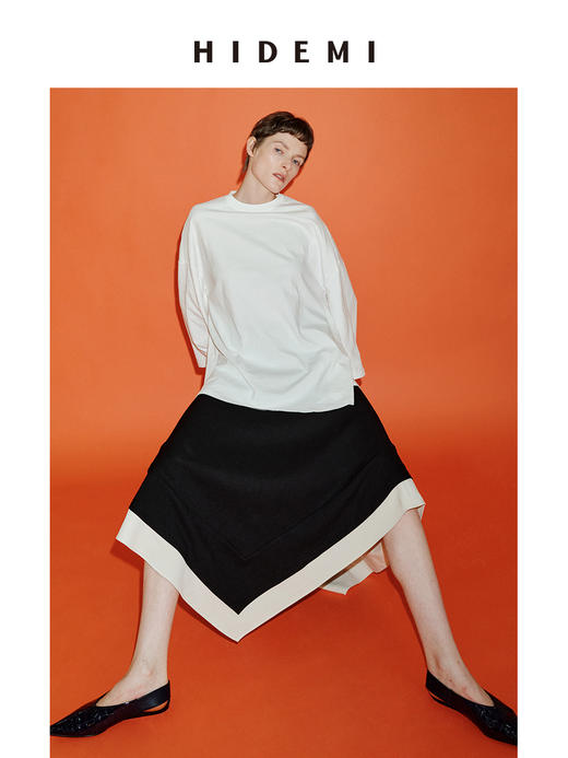 HIDEMI 进口可再生混纺纱线不对称黑白拼接设计感伞状经典时髦半身裙 商品图5